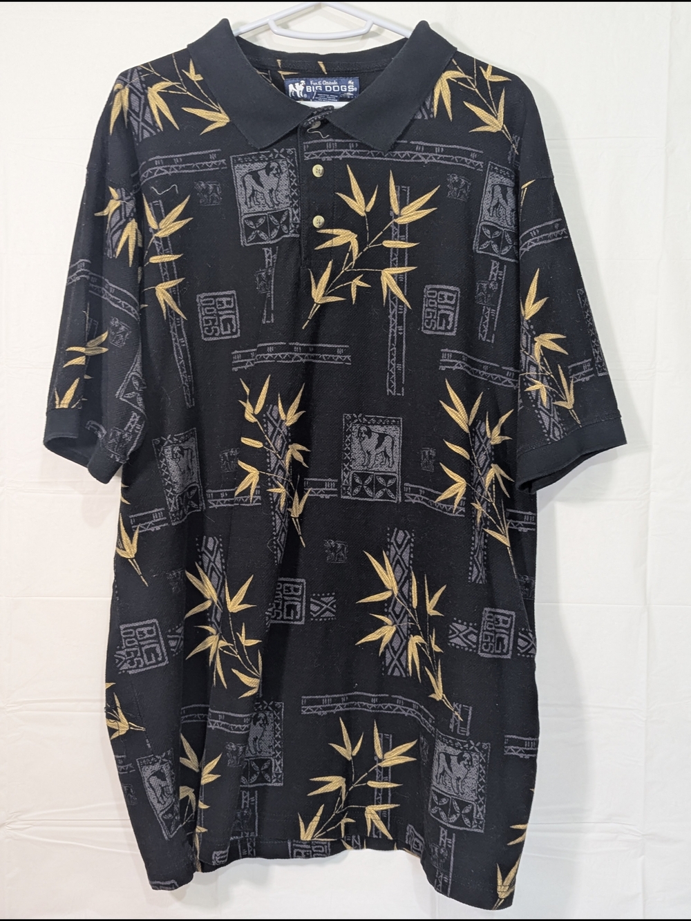Vintage Big Dogs Polo Shirt XL Black Bamboo Tropical All Over Print Golf Hawaii